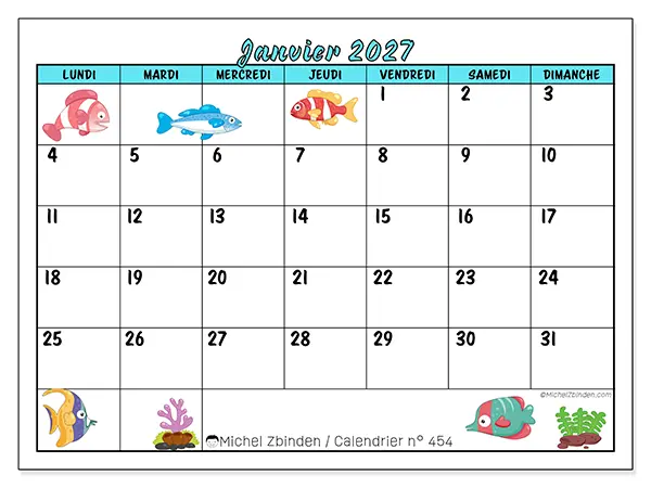 Calendrier janvier 2027 à imprimer - Poissons colorés