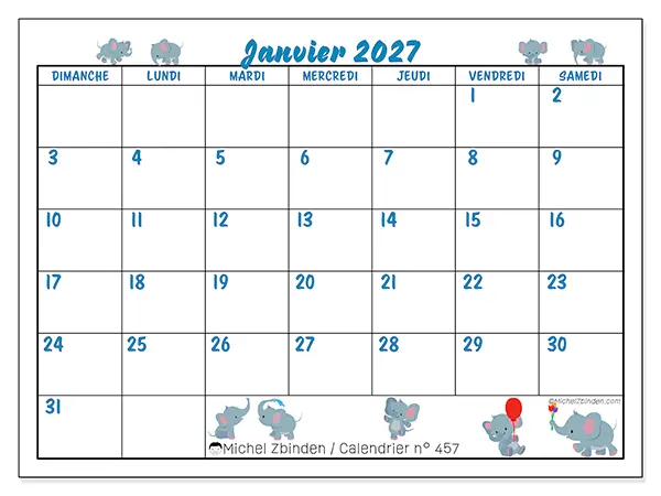 Calendrier janvier 2027 à imprimer - Petits éléphants - Semaine du dimanche au samedi