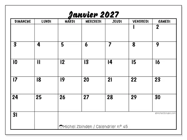Calendrier janvier 2027 à imprimer - Réussite scolaire - Semaine du dimanche au samedi