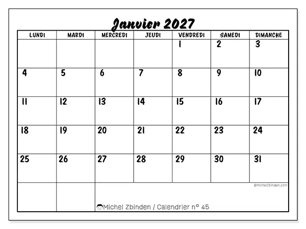 Calendrier janvier 2027 à imprimer - Réussite scolaire