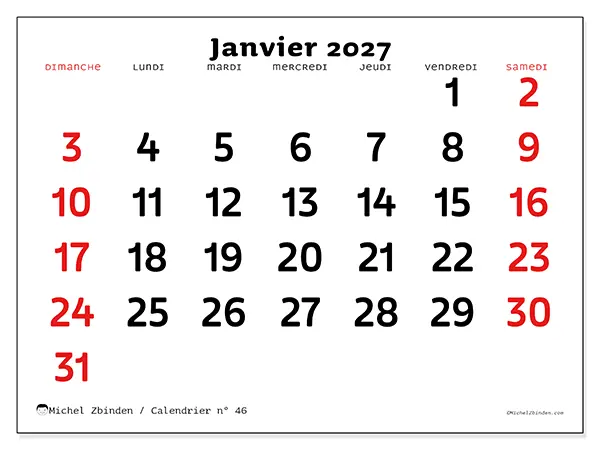 Calendrier janvier 2027 à imprimer - Vision claire - Semaine du dimanche au samedi
