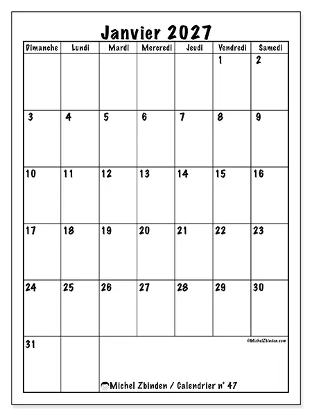 Calendrier janvier 2027 à imprimer - Planning efficace - Semaine du dimanche au samedi