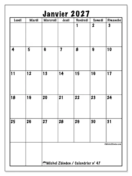 Calendrier janvier 2027 à imprimer - Planning efficace
