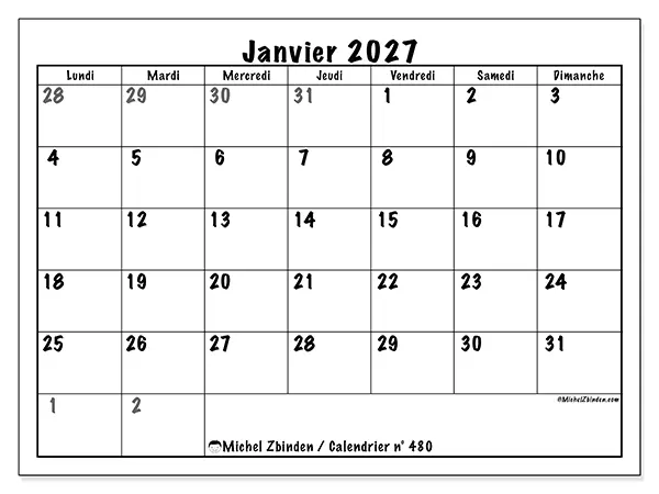 Calendrier janvier 2027 à imprimer - Planification complète
