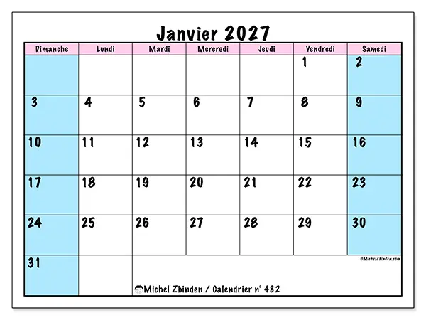 Calendrier janvier 2027 à imprimer - Horaire d’équipe - Semaine du dimanche au samedi