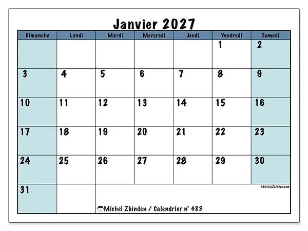 Calendrier janvier 2027 à imprimer - Structuré pour l’école - Semaine du dimanche au samedi