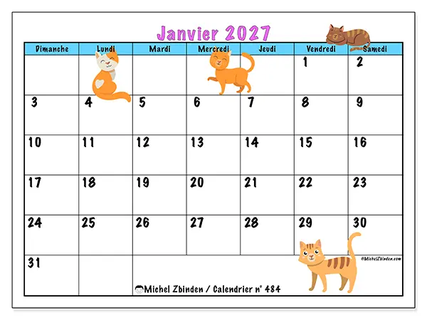 Calendrier janvier 2027 à imprimer - Amour des chats - Semaine du dimanche au samedi