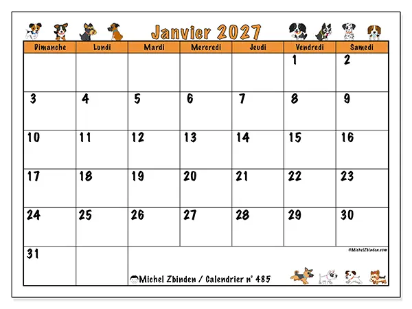 Calendrier janvier 2027 à imprimer - Chiens enthousiastes - Semaine du dimanche au samedi