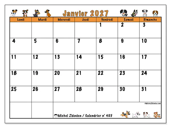Calendrier janvier 2027 à imprimer - Chiens enthousiastes
