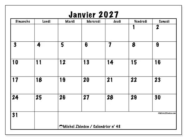 Calendrier janvier 2027 à imprimer - Efficacité quotidienne - Semaine du dimanche au samedi