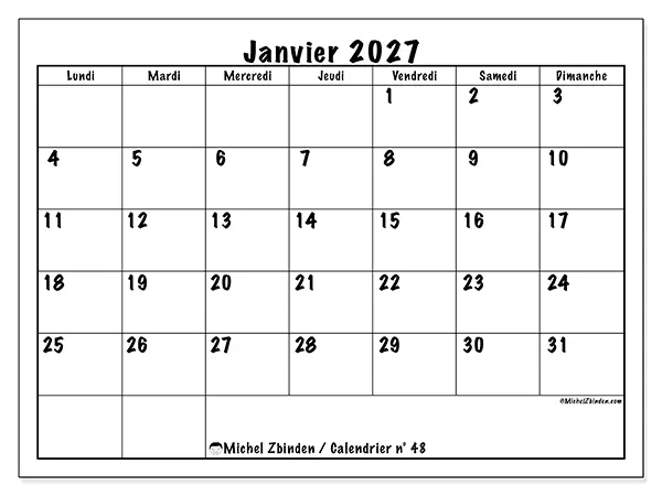 Calendrier janvier 2027 à imprimer - Efficacité quotidienne