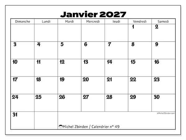 Calendrier janvier 2027 à imprimer - Coordination productive - Semaine du dimanche au samedi