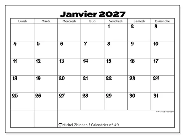 Calendrier janvier 2027 à imprimer - Coordination productive