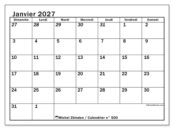 Calendrier janvier 2027 à imprimer - Planning intensif - Semaine du dimanche au samedi