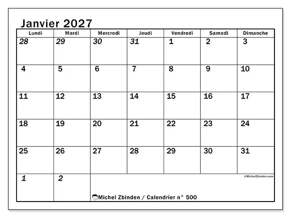 Calendrier janvier 2027 à imprimer - Planning intensif