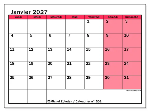 Calendrier janvier 2027 à imprimer - Gestion lumineuse