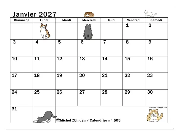 Calendrier janvier 2027 à imprimer - Vie de chat - Semaine du dimanche au samedi