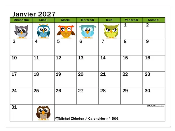 Calendrier janvier 2027 à imprimer - Hiboux amusants - Semaine du dimanche au samedi