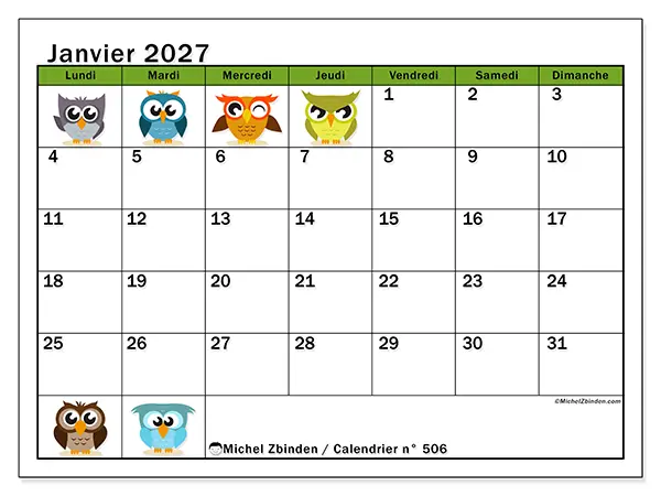 Calendrier janvier 2027 à imprimer - Hiboux amusants