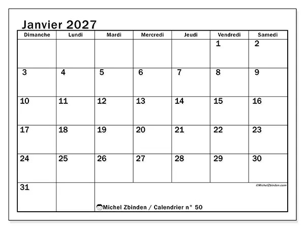 Calendrier janvier 2027 à imprimer - Planification optimale - Semaine du dimanche au samedi