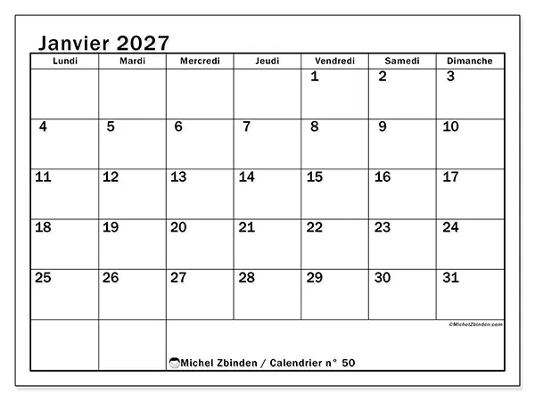 Calendrier janvier 2027 à imprimer - Planification optimale