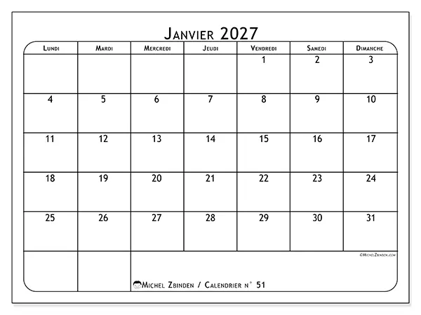 Calendrier janvier 2027 à imprimer - Programme des repas