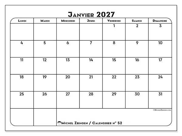 Calendrier janvier 2027 à imprimer - Organisation professionnelle