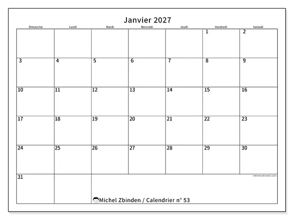 Calendrier janvier 2027 à imprimer - Horaire efficace - Semaine du dimanche au samedi