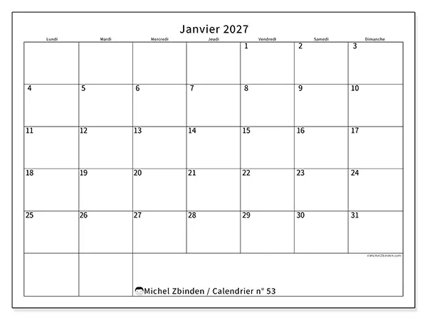 Calendrier janvier 2027 à imprimer - Horaire efficace