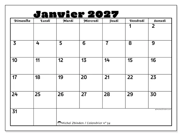 Calendrier janvier 2027 à imprimer - Activités en famille - Semaine du dimanche au samedi