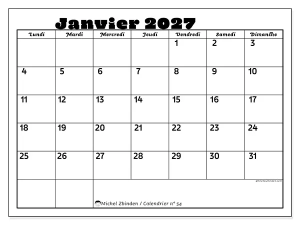 Calendrier janvier 2027 à imprimer - Activités en famille