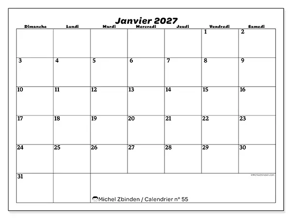 Calendrier janvier 2027 à imprimer - Organisation des loisirs - Semaine du dimanche au samedi