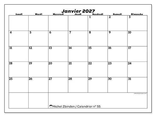 Calendrier janvier 2027 à imprimer - Organisation des loisirs