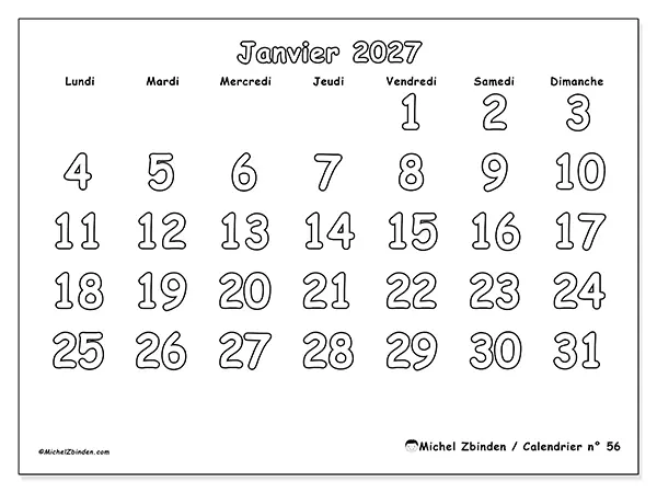 Calendrier janvier 2027 à imprimer - Coloriage utile