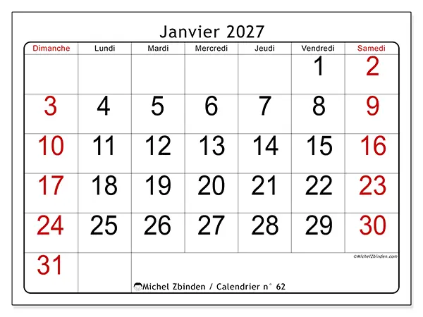 Calendrier janvier 2027 à imprimer - Lecture rapide - Semaine du dimanche au samedi