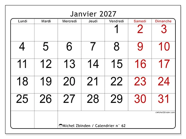 Calendrier janvier 2027 à imprimer - Lecture rapide