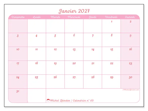 Calendrier janvier 2027 à imprimer - Organisation en douceur - Semaine du dimanche au samedi