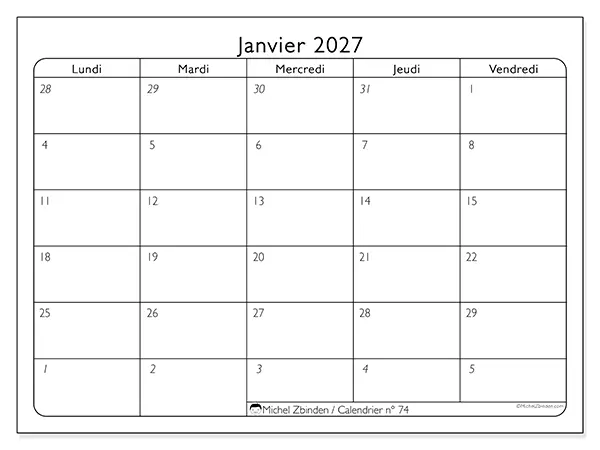 Calendrier janvier 2027 à imprimer - Organisation du travail