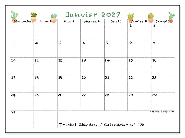 Calendrier janvier 2027 à imprimer - Cactus décoratifs - Semaine du dimanche au samedi