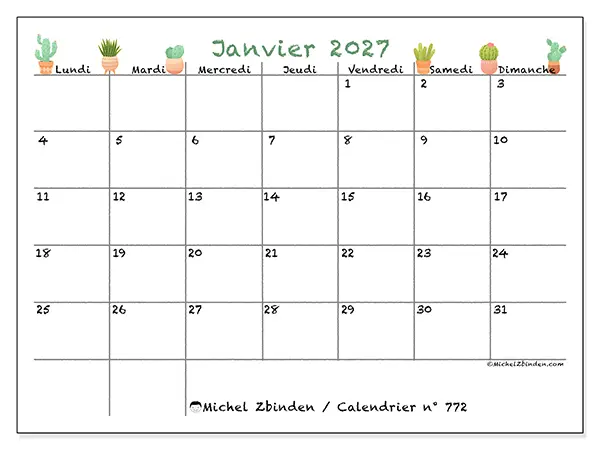 Calendrier janvier 2027 à imprimer - Cactus décoratifs
