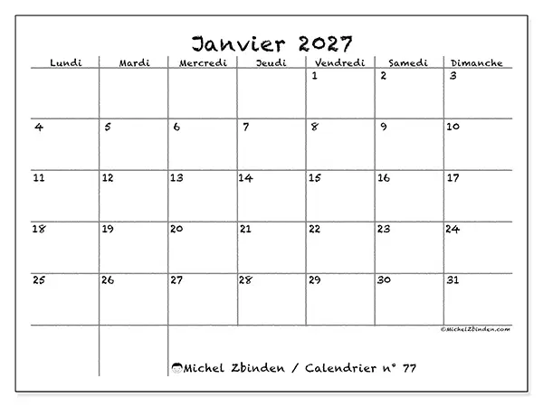 Calendrier janvier 2027 à imprimer - École et famille