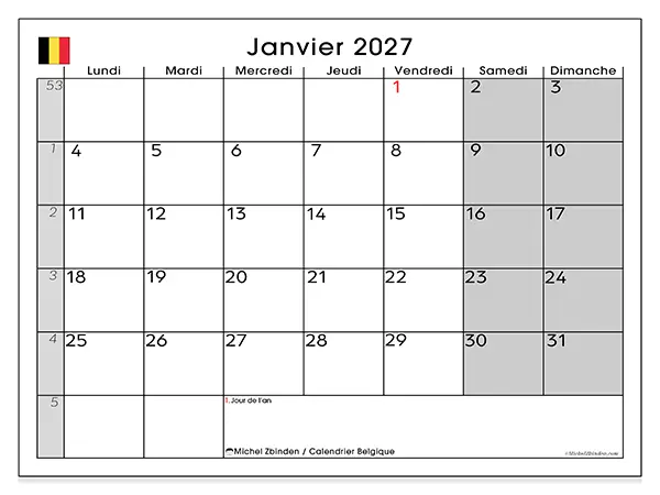 Calendrier janvier 2027 à imprimer - Belgique