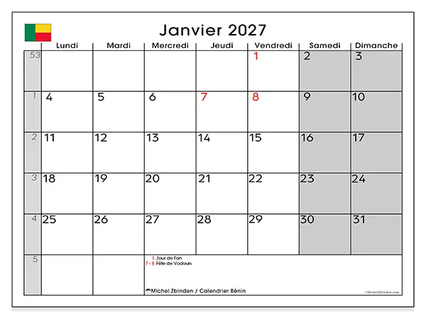 Calendrier janvier 2027 à imprimer - Bénin