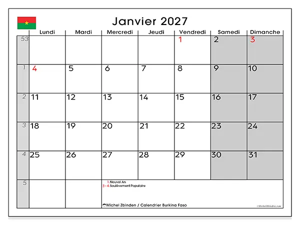 Calendrier janvier 2027 à imprimer - Burkina Faso
