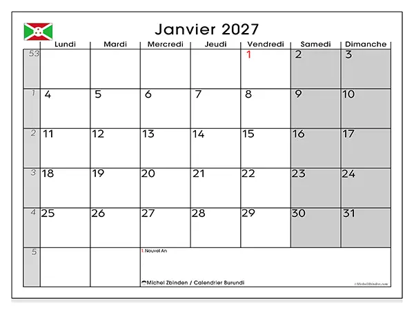 Calendrier janvier 2027 à imprimer - Burundi