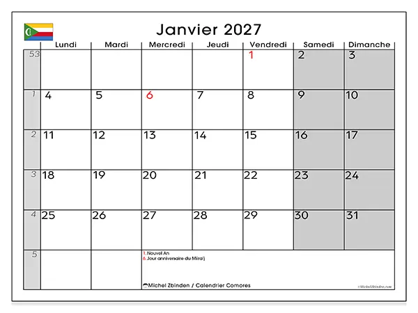 Calendrier janvier 2027 à imprimer - Comores