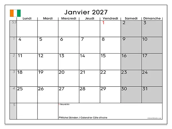 Calendrier janvier 2027 à imprimer - Côte d’Ivoire