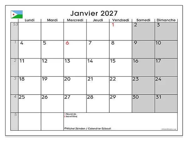 Calendrier janvier 2027 à imprimer - Djibouti