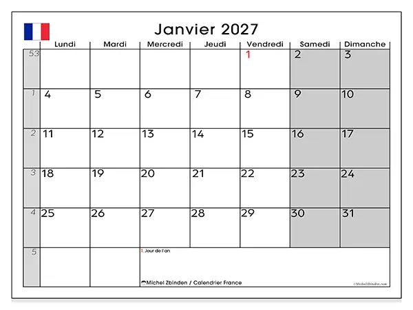 Calendrier janvier 2027 à imprimer - France