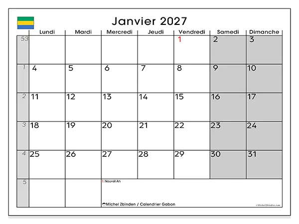 Calendrier janvier 2027 à imprimer - Gabon
